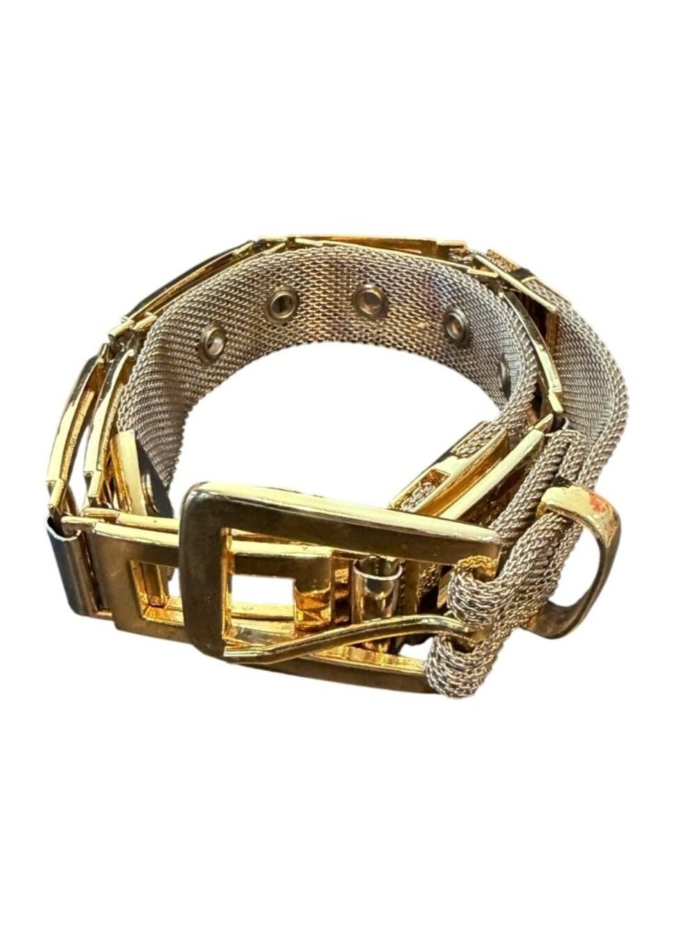 VINTAGE 1980’s Silver Mesh Gold Tone Rectangle Links Heavy Metal Belt Size Med